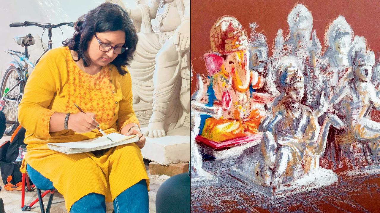 (From left) A sketcher at work; a finished sketch by Deepika Ramshetty. PICs COURTESY/SUBURBAN SKETCHERS; Deepika Ramshetty