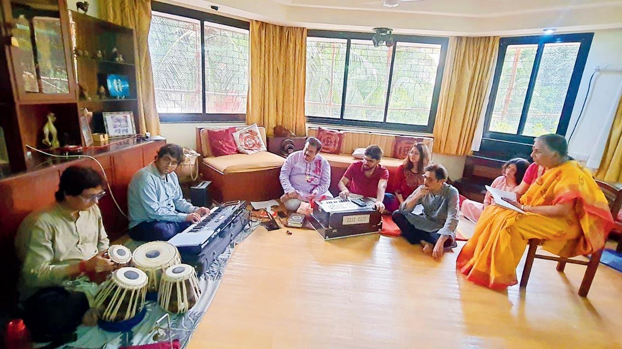 (From left to right) Kaushik Basu (on tabla); Ritupurna Pal (on synthesiser); Shurjo Bhattacharya; Kritee Ghosh; Puja Roy; Soumyakanti Adhikari; Sagarika Choudhury and Susmita Mitra at a rehearsal. Pics Courtesy/Dr Swati Bawra