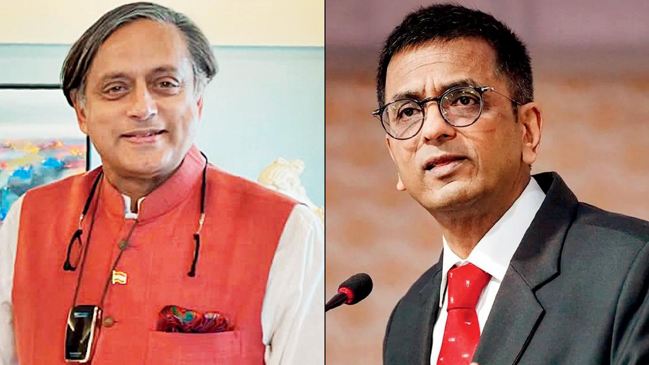 Shashi Tharoor and Justice DY Chandrachud. PICS/ANI