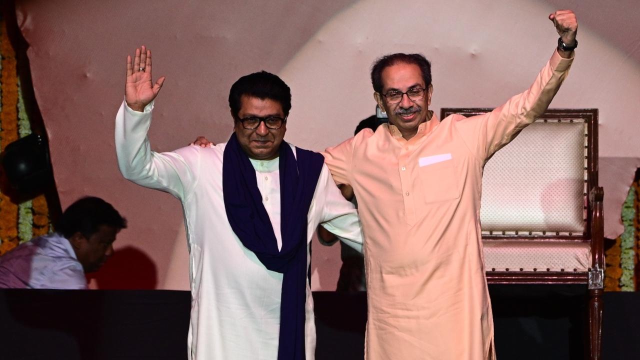 Shiv Sena (UBT) Chief Uddhav Thackeray and MNS chief Raj Thackeray shared a hug at the Worli Dome in Mumbai as they held a joint rally after the Maharashtra government scrapped two Government Resolutions (GRs) to introduce Hindi as the third language
