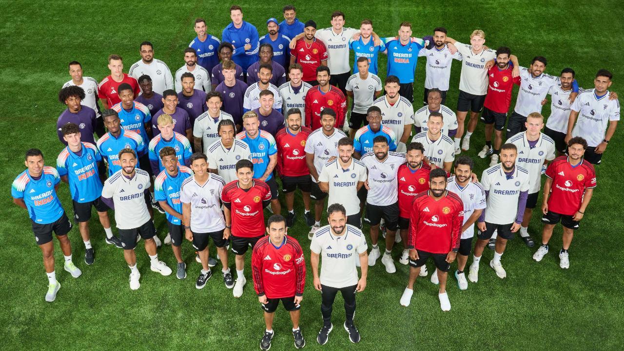 Team India and Manchester United players during a meet-up ahead of the fourth Test match (Pic: X/@BCCI)