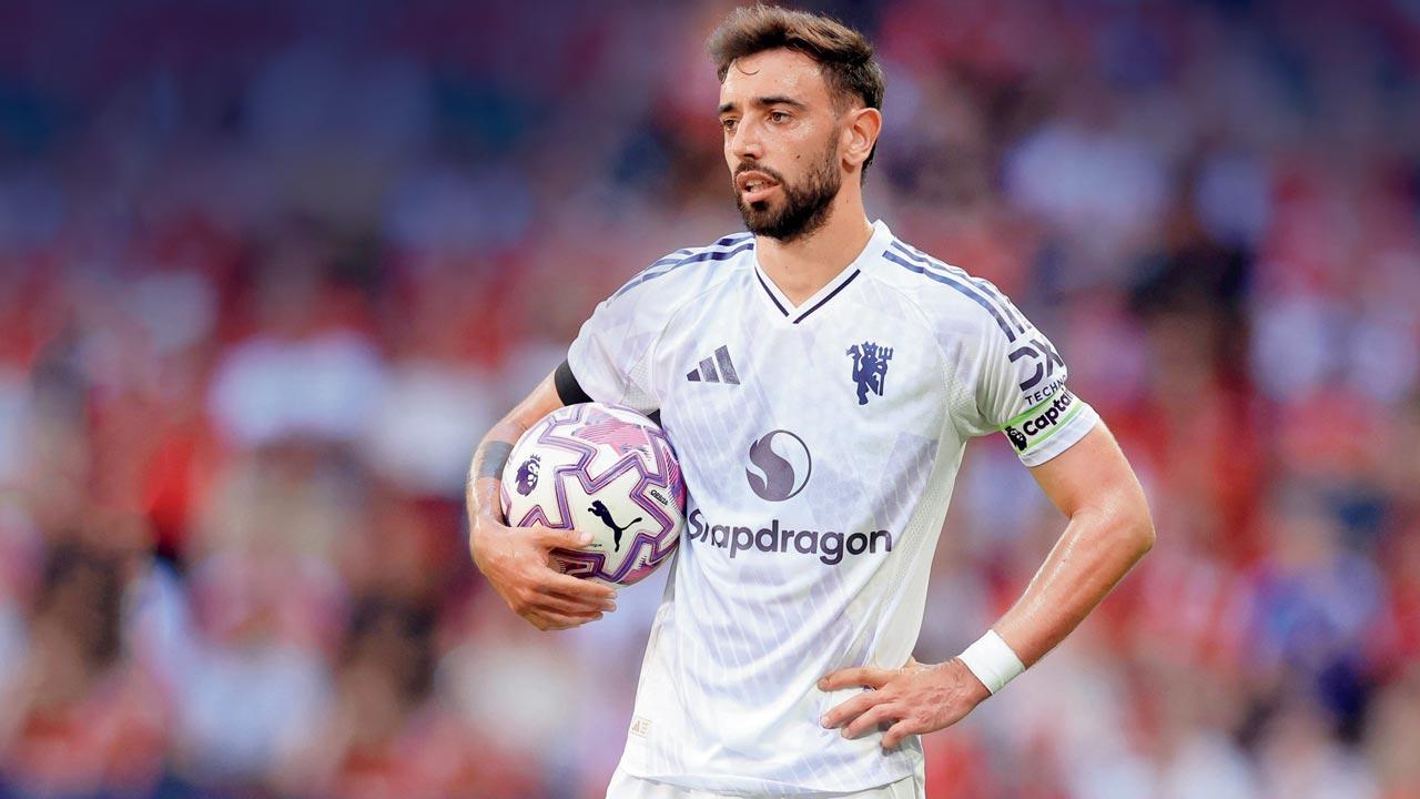 A disappointed Man Utd skipper Bruno Fernandes during the match vs Leeds Utd on Saturday. Pic/Getty Images