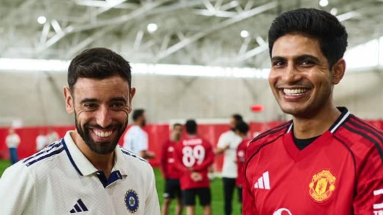 India's Test captain Shubman Gill and Red Devils' incumbent skipper Bruno Fernandes were also seen sharing smiles during the meet-up (Pic: Instagram/indiancricketteam)