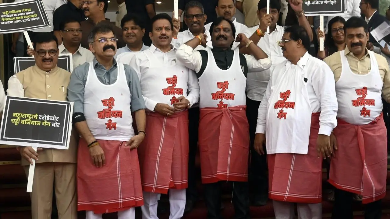IN PHOTOS: Maharashtra Opposition stages 'banian-towel' protest against Sena MLA