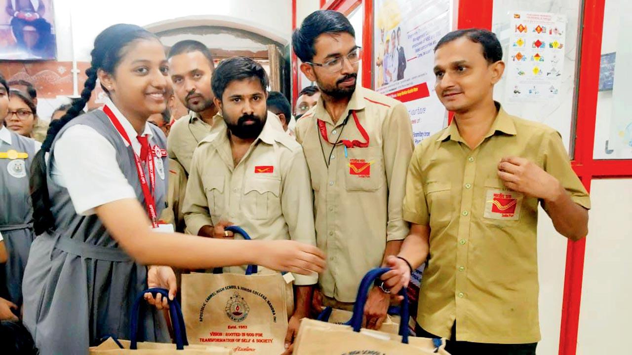 A moment from the visit to Bandra West Post Office. Pic Courtesy/Apostolic Carmel High School