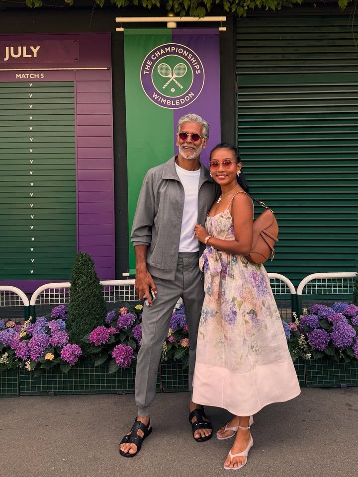 Miling Soman attended the final contest of Wimbledon 2025 wife, Ankita Konwar. While he kept it casual in a grey jacket and pants paired with a white tee, Anikta looked pretty in a floral dress.
