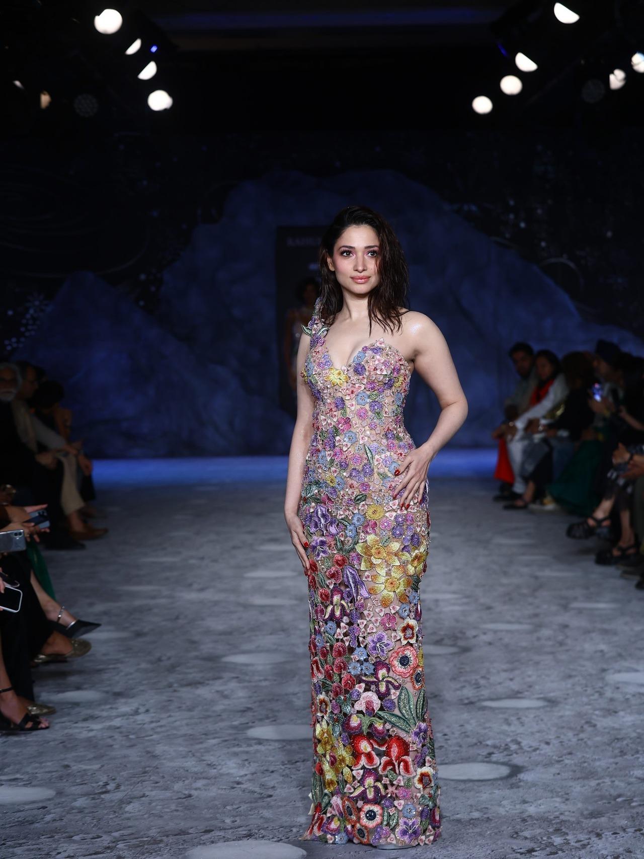 Tamannaah Bhatia turned showstopper for Rahul Mishra at the India Couture Week 2025 on 23rd July. She walked the ramp in not one, but two amazing outfits. This was a floral body-hugging gown screaming grace and femininity. Her dewy makeup and wet hair added to the charm.