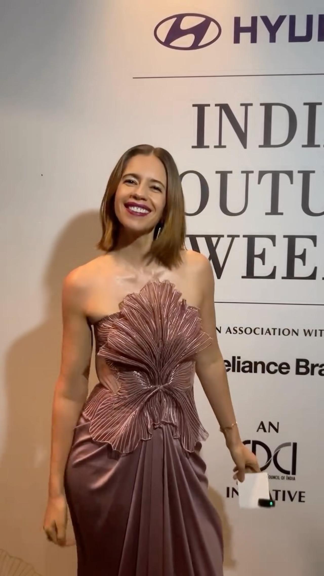 Kalki Koechlin made heads turn in Amit Aggarwal’s moulded 3D gown. The corset-inspired bodice featured a dramatic, shell-like floral motif, artfully sculpted to mimic natural forms while maintaining architectural precision