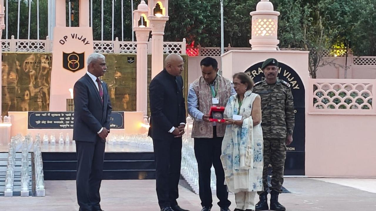 Northern Army Commander Lt General Pratik Sharma on Friday felicitated mother of martyr Major Anuj Nayyar during the 26th Kargil Vijay Diwas Commemoration, at Drass