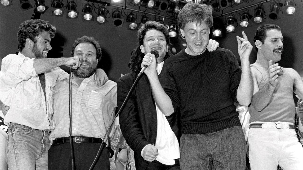 George Michael, promoter Harvey Goldsmith, Bono, Paul McCartney and Freddie Mercury 