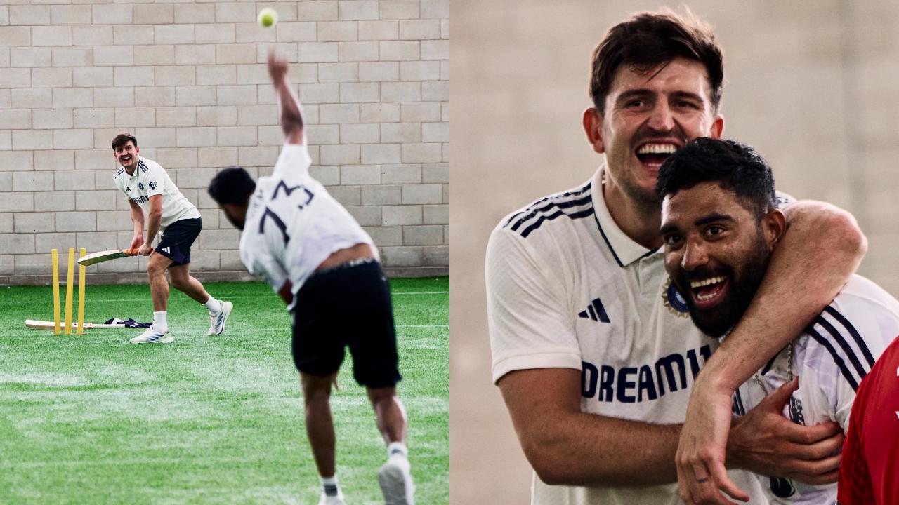 Team India's star pacer Mohammed Siraj was also seen sharing a heartwarming moment with Harry Maguire. The pacer was also seen bowling a couple of deliveries to the 32-year-old footballer (Pic: X/@BCCI)