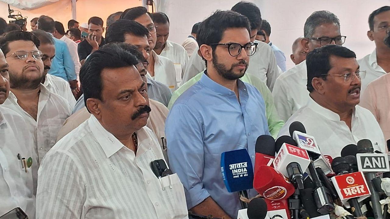 Shiv Sena (UBT) leaders Aaditya Thackeray and Sunil Prabhu address the media in the Vidhan Bhavan premises on Tuesday. PIC/SAMEER ABEDI