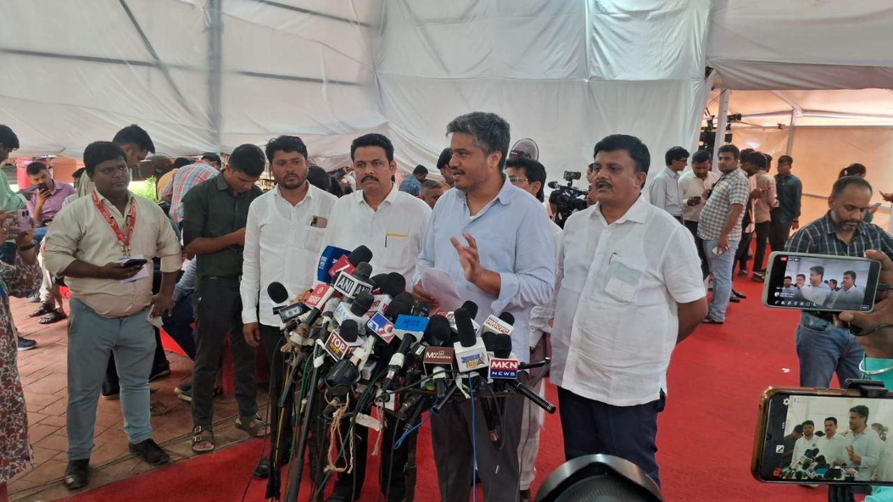 NCP (SP) legislator Rohit Pawar speaks to the media at Vidhan Bhavan. The MLA had staged a protest inside the legislature premises on Tuesday, holding posters criticising the government. Among them was one that read “Ghajini Sarkar,” likening the government to the forgetful Bollywood character