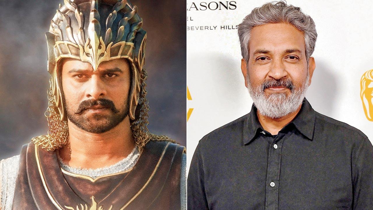 Prabhas in the poster of Baahubali: The Epic; (right) SS Rajamouli