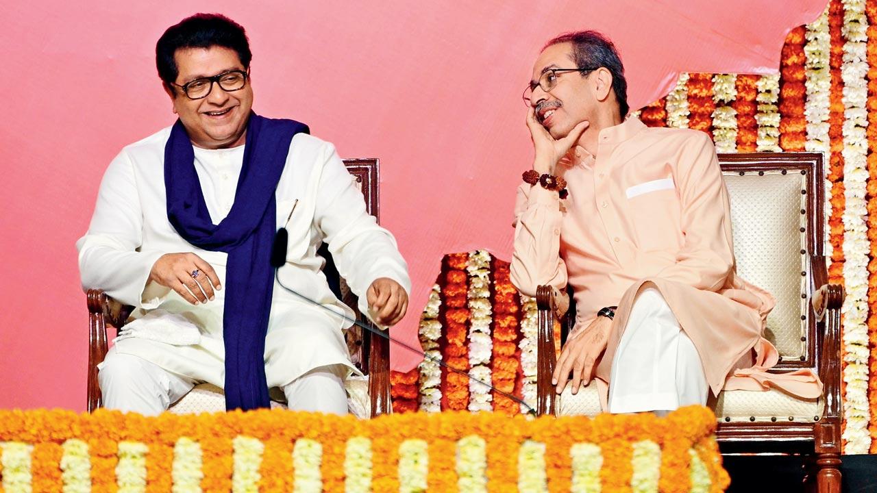 On July 5, Uddhav Thackeray-led Shiv Sena (UBT) and Raj Thackeray’s MNS held a “victory” rally at NSCI Dome in Worli, expressing their joy at the rollback of a decision that Raj labelled as a bid to “erase  Marathi identity”. File pic/Rane Ashish