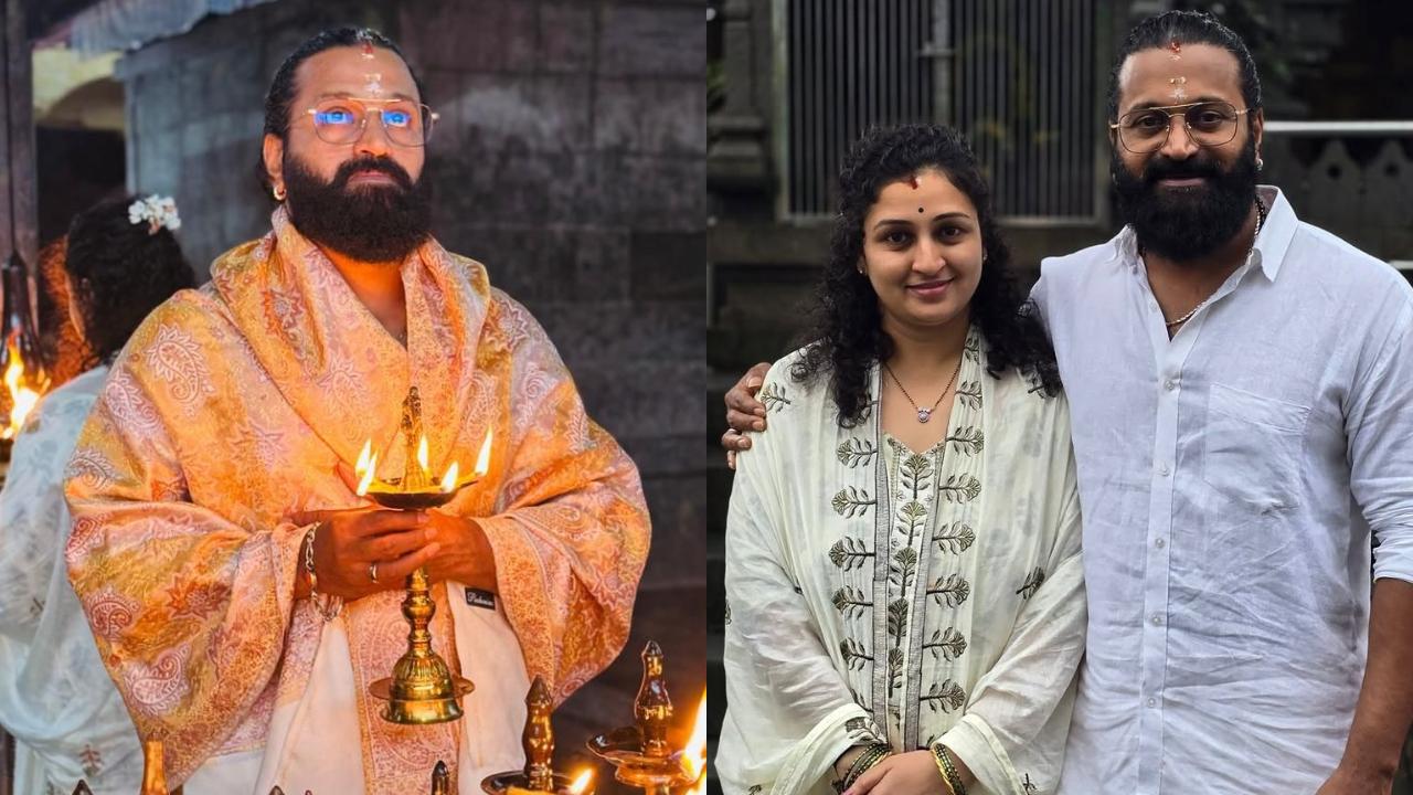Rishab Shetty visits Kollur Shri Mookambika Devi temple with wife Pragathi