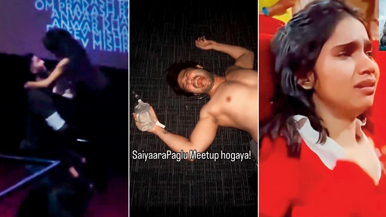Man twirls around his partner in the movie hall. Pic/X@Anshika_in; man falls to the floor shirtless with a bottle of alcohol in hands. Pic/X@thatindicmonk; woman goes viral for getting emotional in the movie hall. Pic/X@ AnilYadavmedia1
