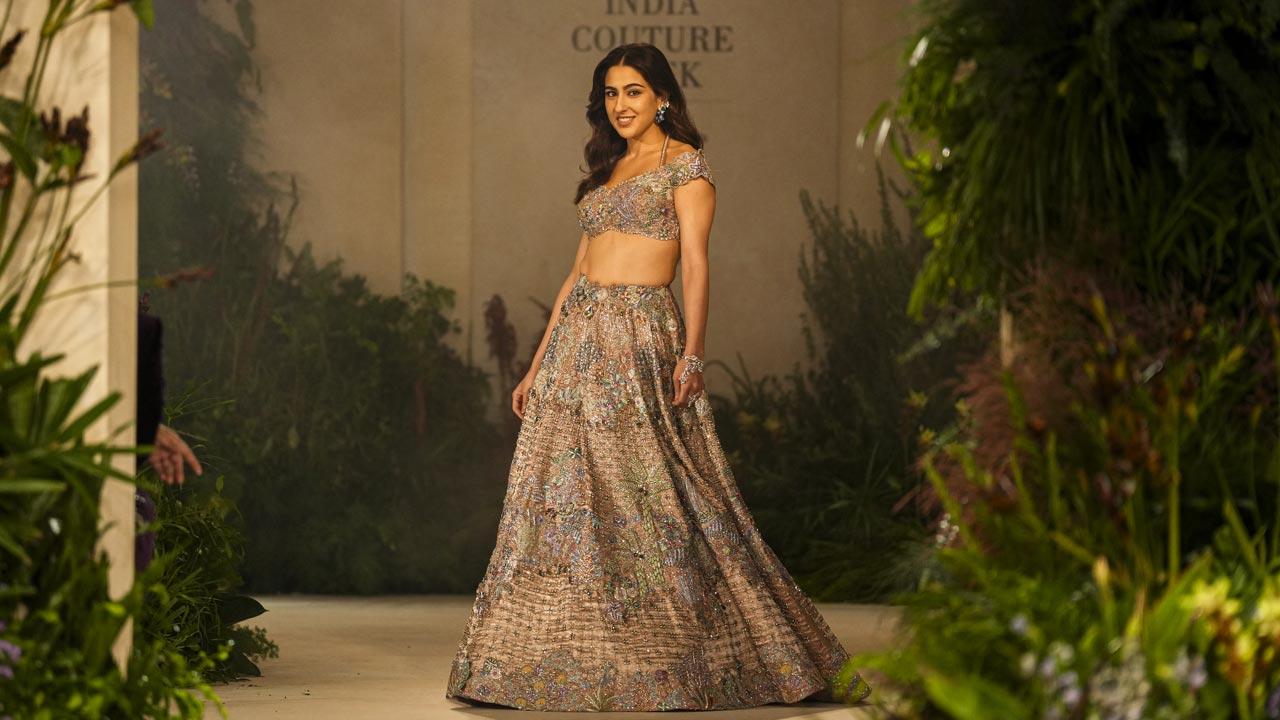 ICW 2025: Sara Ali Khan stuns in dreamy rose gold lehenga