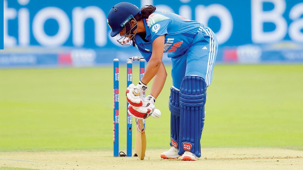India’s Pratika Rawal is clean bowled by England’s Em Arlott during the second Women’s ODI at Lord’s on Saturday. Pic/Getty Images