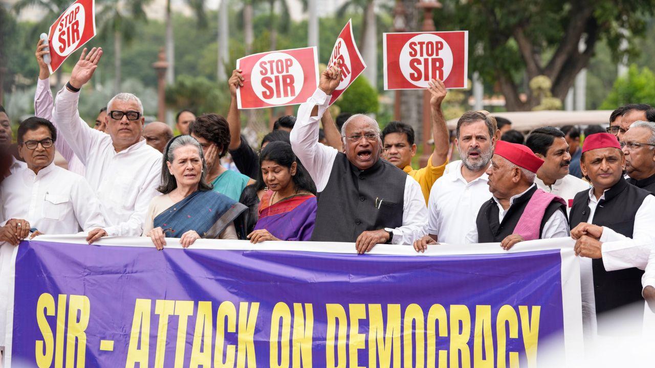 There was a huge banner in front of them which read 'SIR- Attack on Democracy' as they lined up on and near the steps of the Makar Dwar of Parliament and staged a protest for the fifth consecutive day