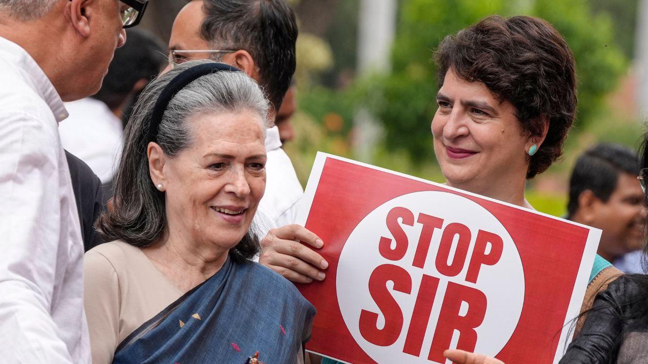 Ahead of the day's proceedings in Parliament, top opposition MPs, including Sonia Gandhi, Kharge, Leader of Opposition in the Lok Sabha Rahul Gandhi, Congress general secretary Priyanka Gandhi Vadra, Samajwadi Party's Akhilesh Yadav, TMC's Derek O'Brien and Sagarika Ghose, DMK's Kanimozhi and A Raja, besides others, raised slogans and protested against the Special Intensive Revision (SIR) of electoral rolls in Bihar