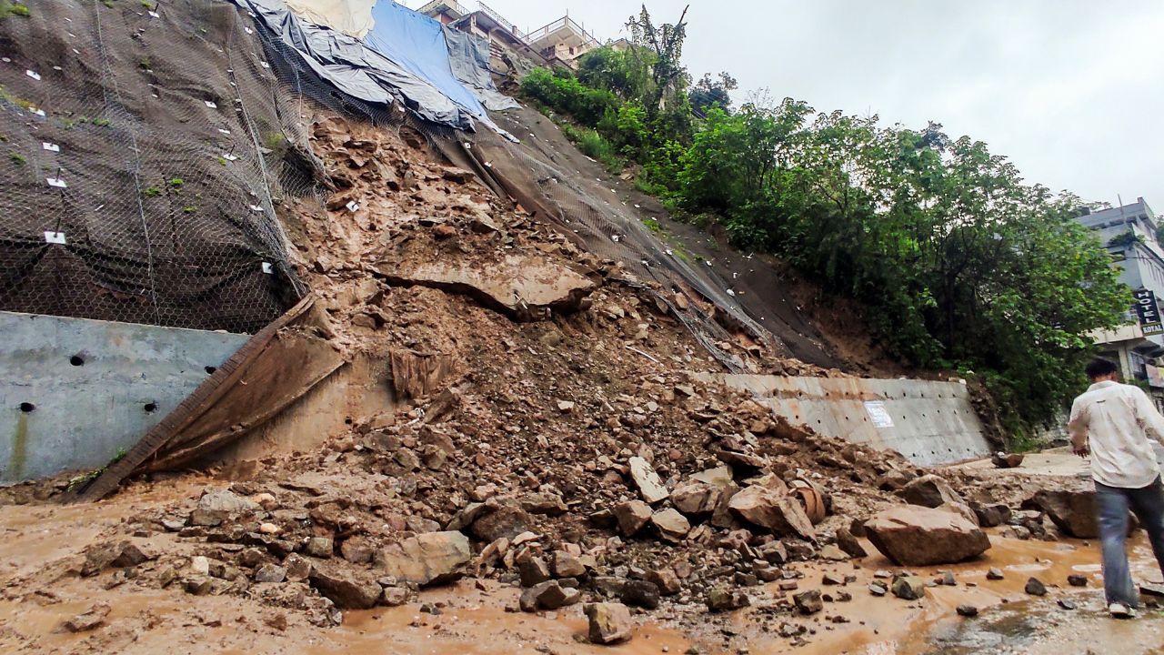 The Yamunotri National Highway has been blocked at two places between Silai Band and Ojri after parts of the road were washed out. (Pics/PTI)
