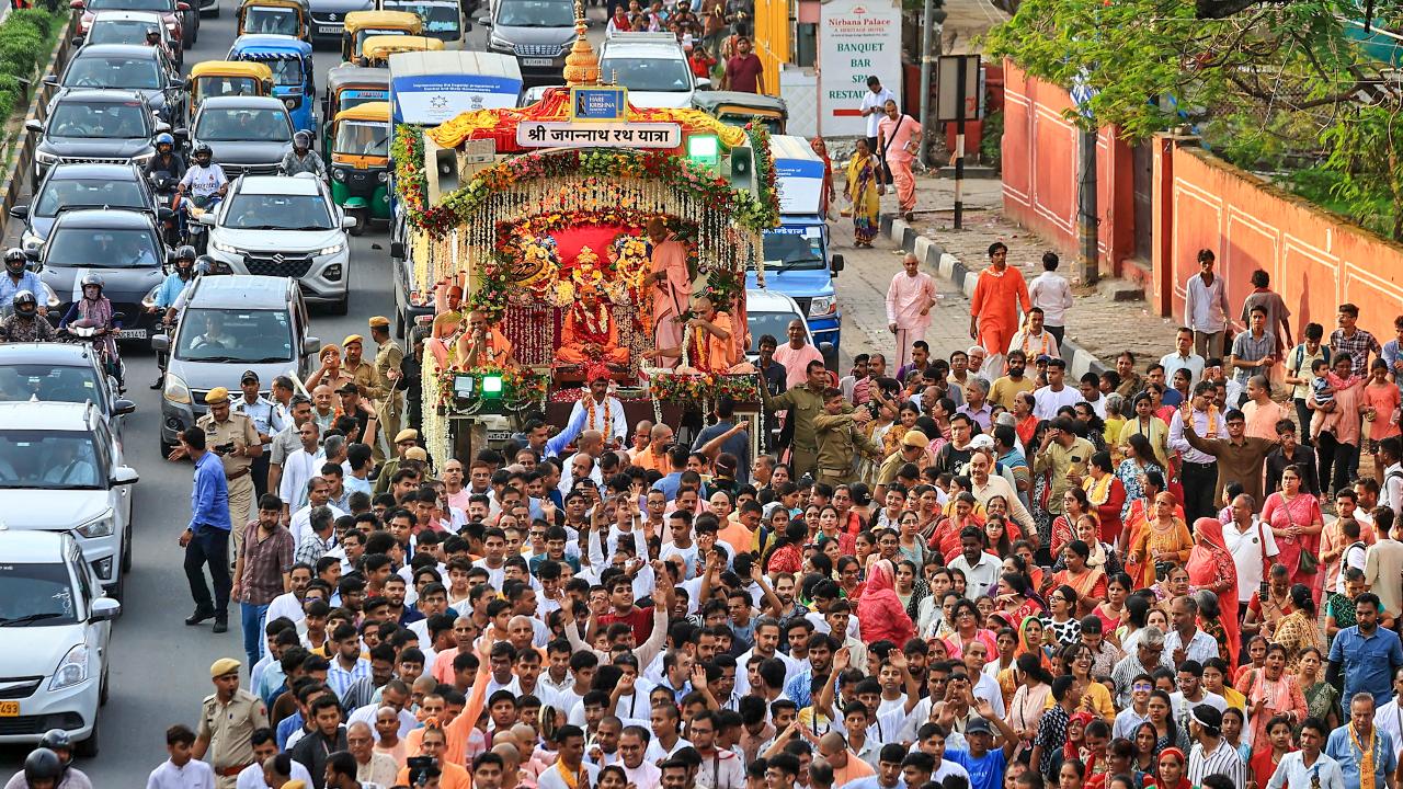 In Jaipur too, devotees took part in the annual Rath Yatra procession of the three deities