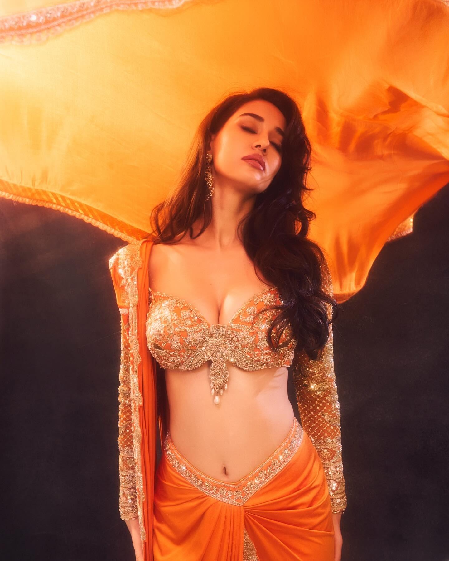 This look reminds us of Madhuri Dixit from her iconic song Dhak Dhak Karne Laga. The same orange hue, the same golden embellished blouse, the same flowy pallu.