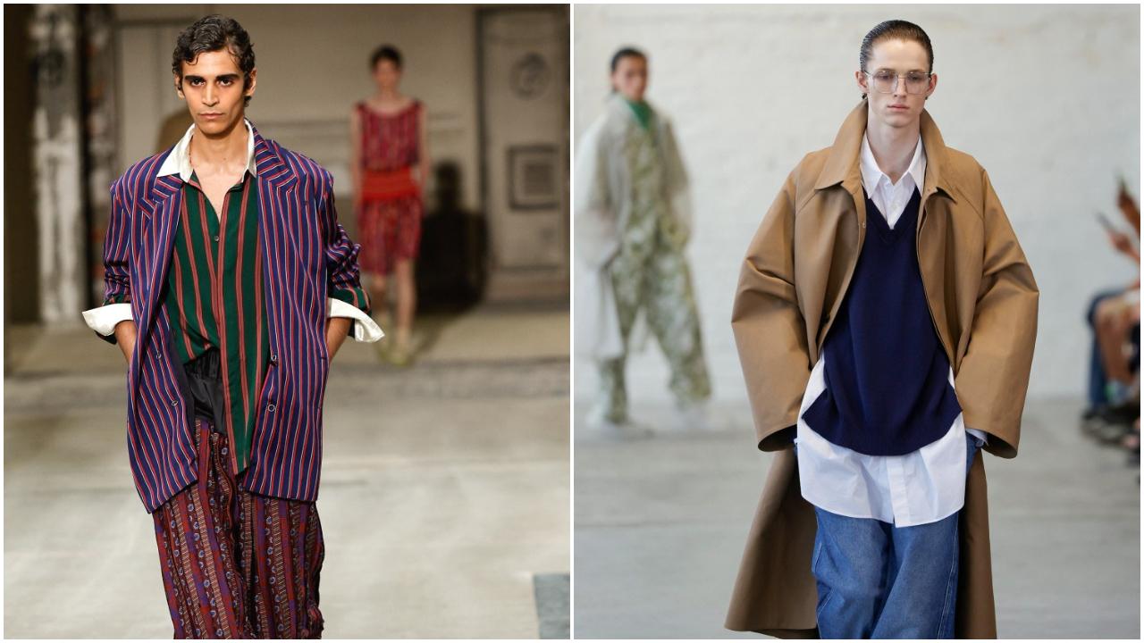 Models present creations by Dries Van Noten (L), Hed Mayner (R)
Designers leaned into fluidity with flared trousers, long jackets, open shirts and an ongoing pyjama trend