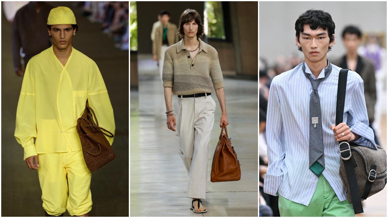 Models present creations by Jacquemus (L), Hermes (C), Dior Homme (R)
Bags were omnipresent, from clutch to shoulder, styled for both casual outings and evening occasions