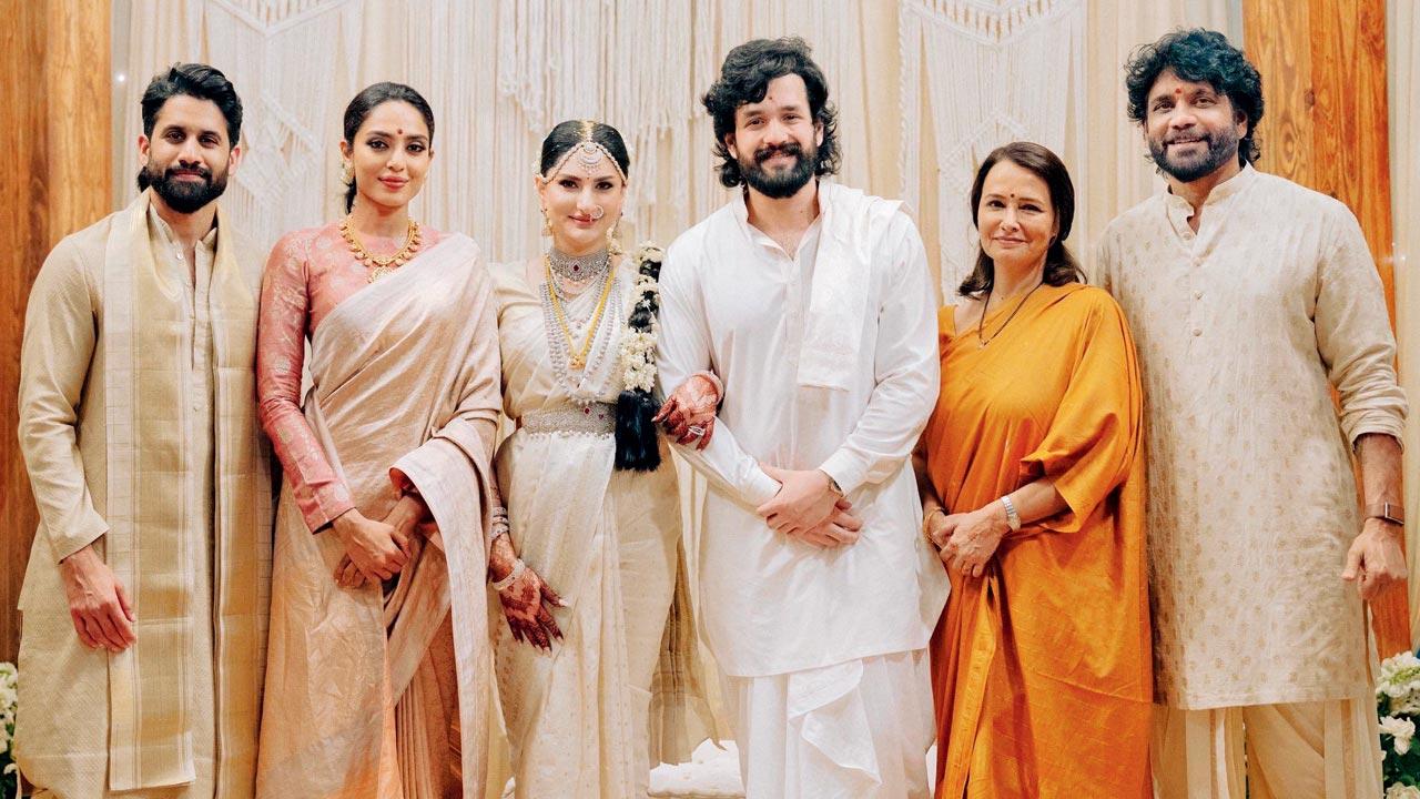 (From left) Naga Chaitanya, Sobhita Dhulipala, Zainab Ravdjee,  Akhil Akkineni, Amala Akkineni, and Nagarjuna