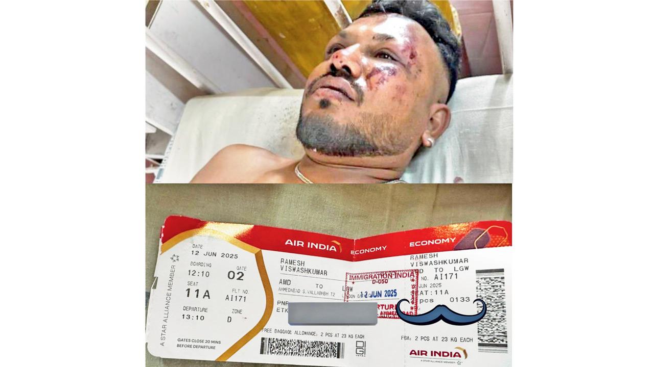 Ramesh Vishwashkumar lying in hospital and his Air India boarding pass. Pic/X/@PopularPrashil