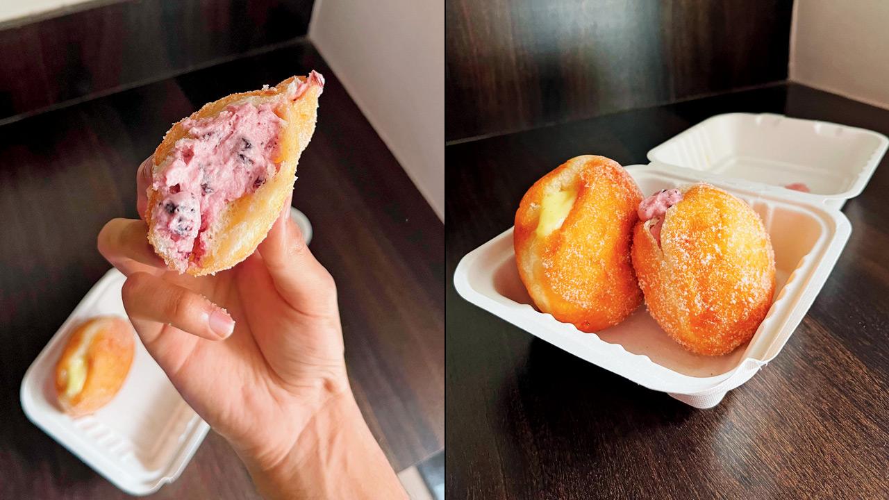 (From left) The blueberry cream filling packs a fruity punch; crème brûlée bomboloni and blueberry cream bomboloni
