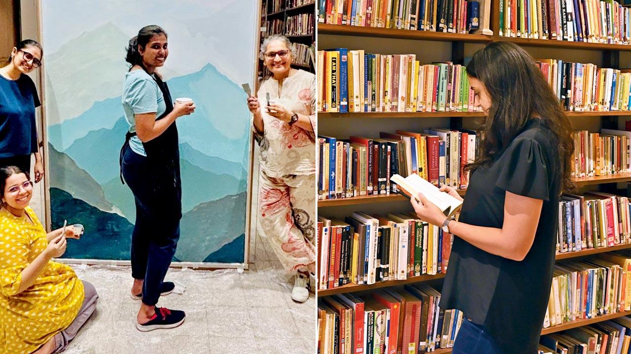 Volunteers paint the entrance walls before inauguration day; (right) A member browses through the library at the centre
