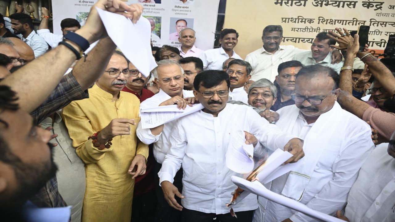 Apart from Shiv Sena (UBT), the state's proposal has been strongly opposed by Maharashtra Navnirman Sena, Nationalist Congress Party (Sharadchandra Pawar), and the Congress, too. On Sunday, state Congress chief Harshwardhan Sapkal joined the Shiv Sena (UBT) in burning the copies of the GR  