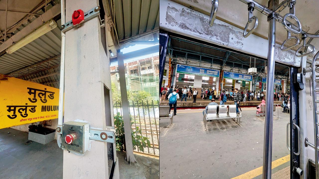 (From left) A panic button recently installed at Mulund station; a row of handles for footboard commuters in a Bombardier-class train. Pics/Rajendra B. Aklekar