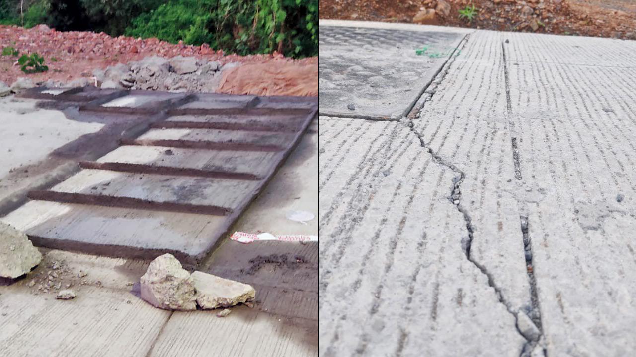 Cracks that had appeared on a concrete road; the same stretch, which was relaid after the villagers raised their voices. Pics/By Special Arrangement