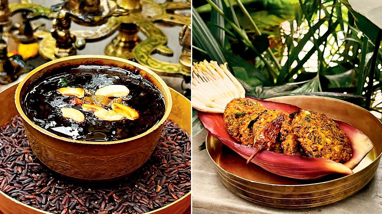 Kavuni rice halwa; (right) Vazhapoo vadai