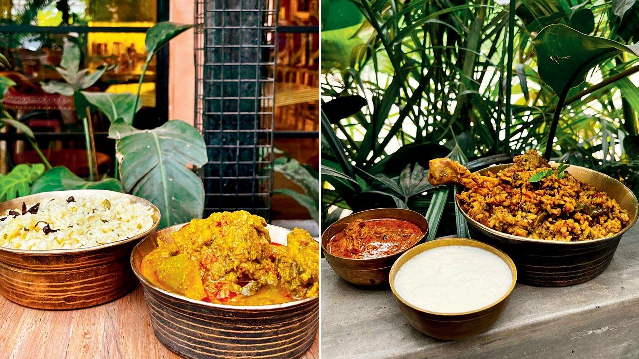 Dalcha mutton with ghee rice; (right) Chicken biryani with salna