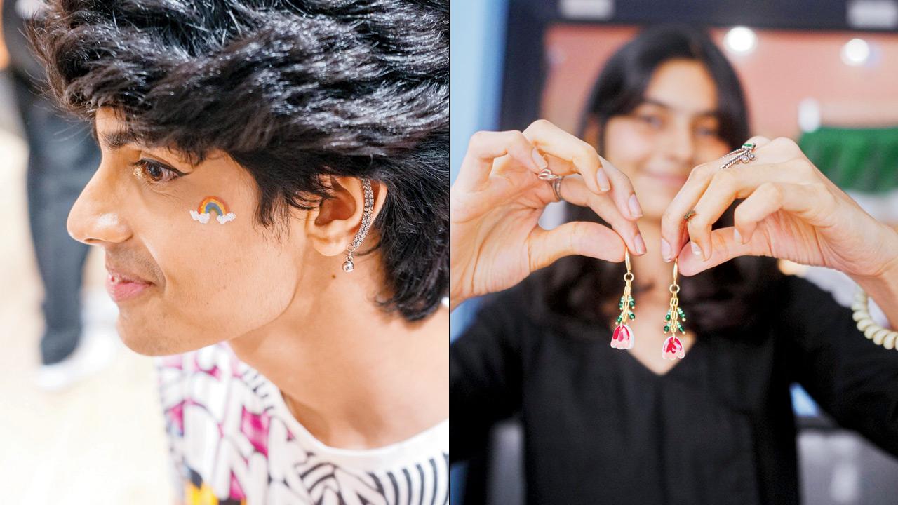 A young visitor shows off their face painting; (right) dainty earrings on sale at the flea market