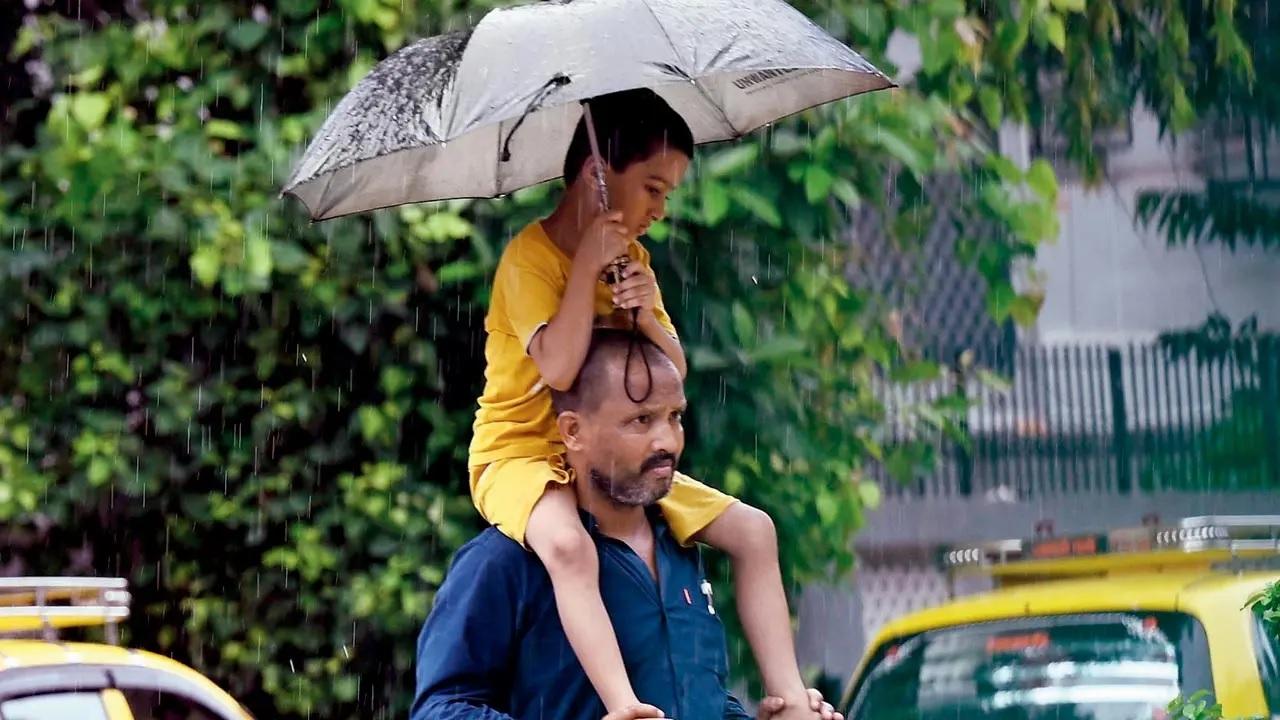 With the Mumbai monsoon underway, you never know when it is going to rain but this father found a novel idea to see that his child doesn't get wet even though they had only one umbrella while walking in Bandra. Pic/Kirti Surve Parade