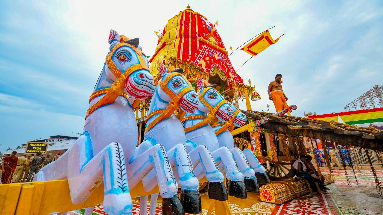 Preparations underway on the occasion of the annual 'Rath Yatra' of Lord Jagannath, Lord Balabhadra and Goddess Subhadra, at the Jagannath Temple in Puri on Friday