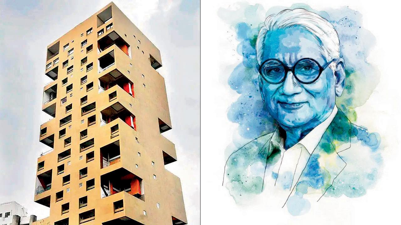 (From left) A view of Kanchanjunga Apartments on Peddar Road. File Pic; a sketch of Charles Correa. Illustration COurtesy/DOULURI NARAYANA, NIYOGI BOOKS
