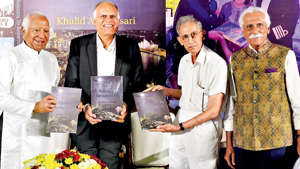 (From left) Khalid A-H Ansari, Ashwini Kakkar, Dr Sultan Pradhan and Ayaz Memon at Ansari’s travel book launch in Tardeo on Wednesday. Pic/Fotocorp