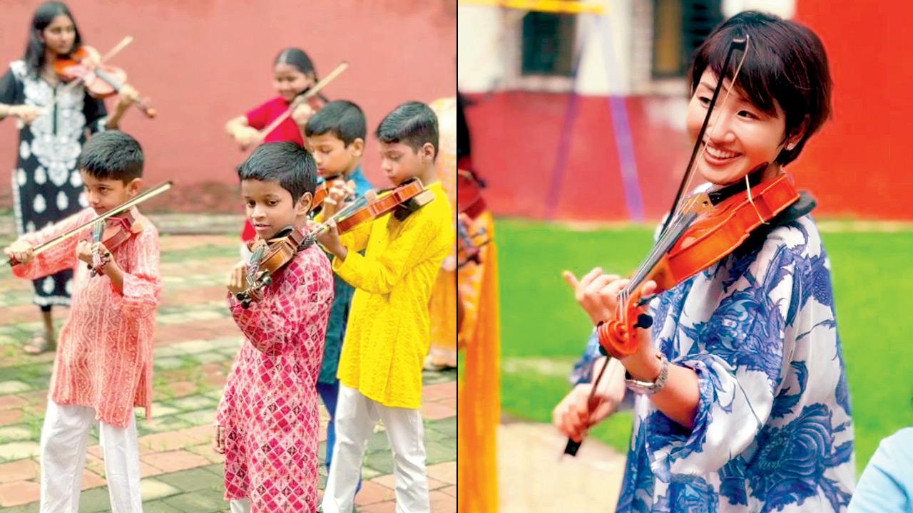 Young musicians and (right) Mika Nishimura welcome students with a violin performance. PICS COURTESY/MIKA NISHIMURA