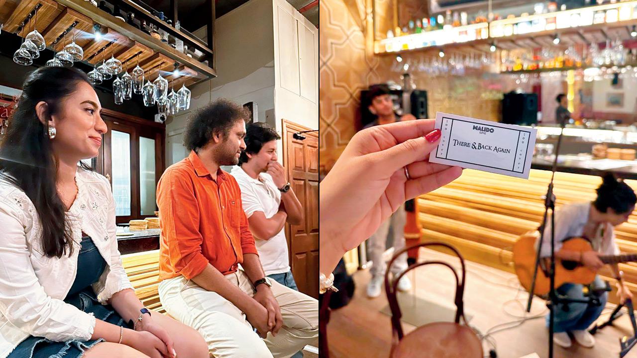 Audience members enjoy a musical performance (right) An entry ticket of There and Back Again show
