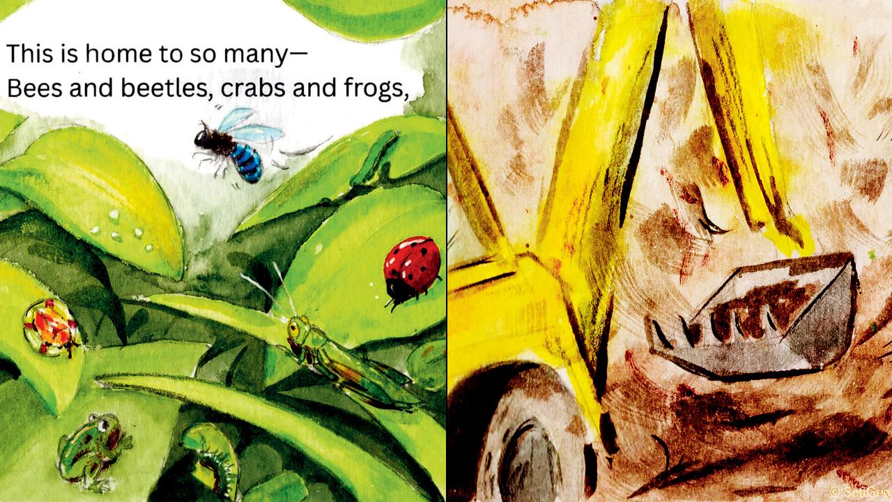 (Left) A panel depicts thriving wildlife in the area; (right) One of the concluding panels features the infamous JCB excavator. ILLUSTRATIONS COURTESY/SEFI GEORGE