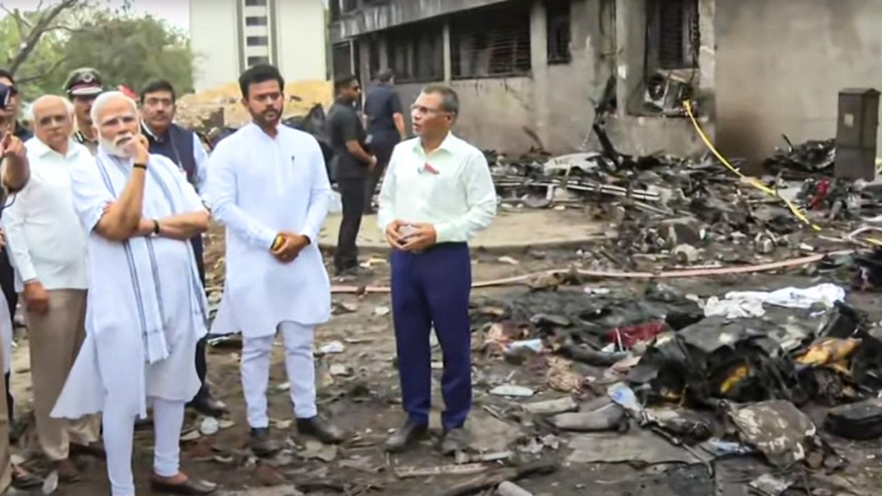 The prime minister arrived at the Sardar Vallabhbhai Patel Airport and drove straight to the crash site in the Meghaninagar area, officials said