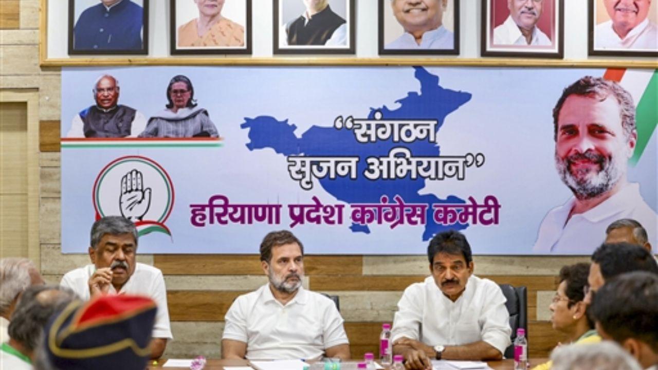 Rahul Gandhi, arrived at the Haryana Pradesh Congress Committee (HPCC) headquarters in Chandigarh around noon on Wednesday, shortly after landing at the airport. During his two-and-a-half-hour visit, he first held a meeting with senior party leaders, followed by discussions with All India Congress Committee (AICC) and Pradesh Congress Committee (PCC) observers