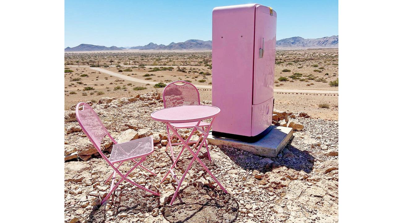 A fully functional pink refrigerator and seating in the world’s oldest and driest desert, Namibia. Pic/Instagram
